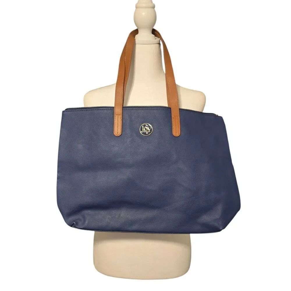 Joy Mangano Womens Navy/Brown Leather Pebbled Large Tote Bag